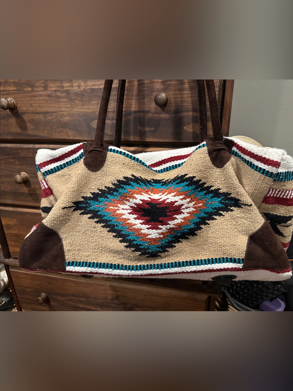 Southwestern Weekender Bag in Beige, Teal & Rust